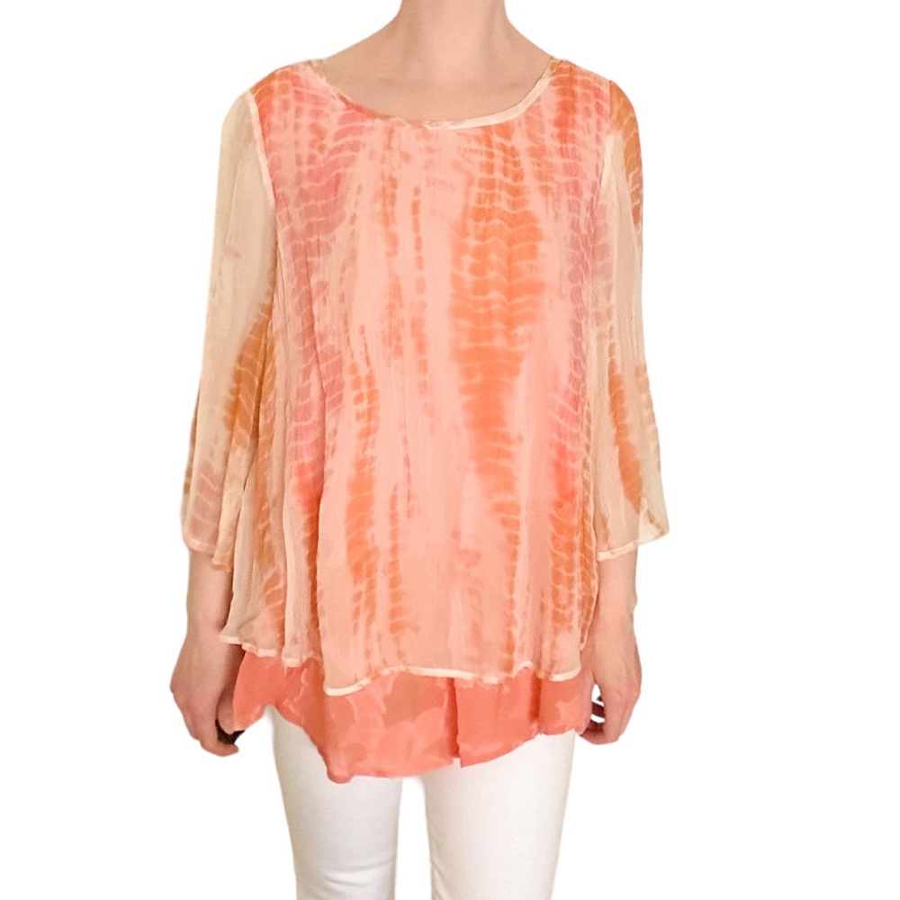 Soft Surroundings tie dye pink orange coral flowy chiffon blouse long sleeve